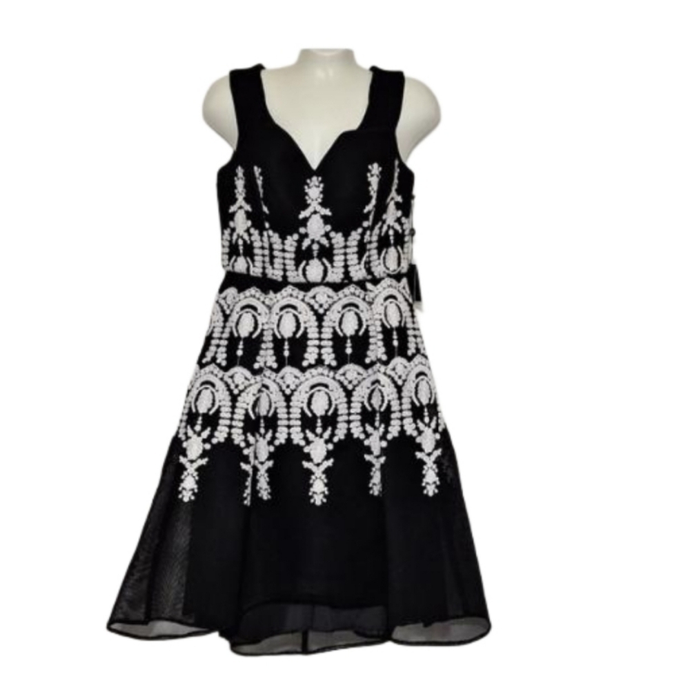 Adrianna Papell Dress Fit and Flare Embroidered Black Ivory